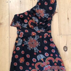 One-Shoulder Black Dress with Red and Orange Pattern